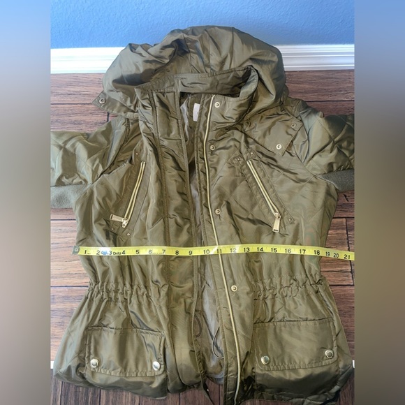 Olive puffer jacket trench coat jacket zip up cargo - Picture 4 of 10